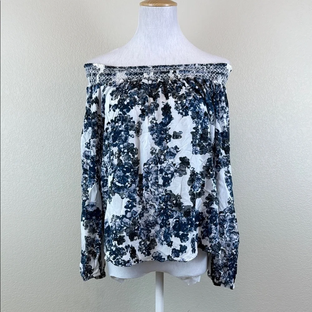 Parker Blue and White Floral Smocked 3/4 Sleeve Off Shoulder‎ Blouse Size Medium